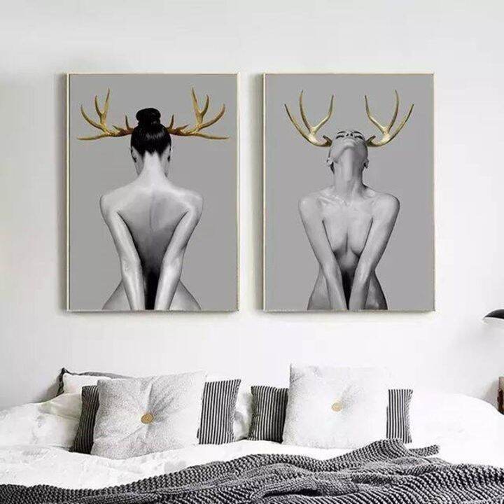 Nordic Modern Sexy Nude Woman Golden Deer Naked Portrait