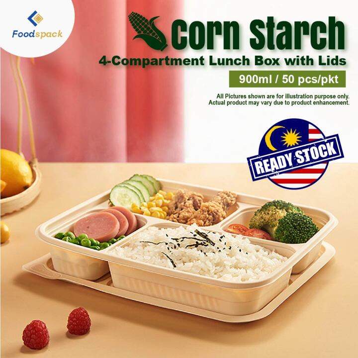 50pcs Pkt READY STOCK Corn Starch Lunch Box 4 Compartment With Lids