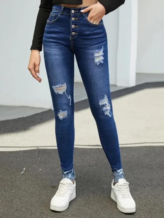 Button Fly Ripped Skinny Denim Pants Lazada Ph