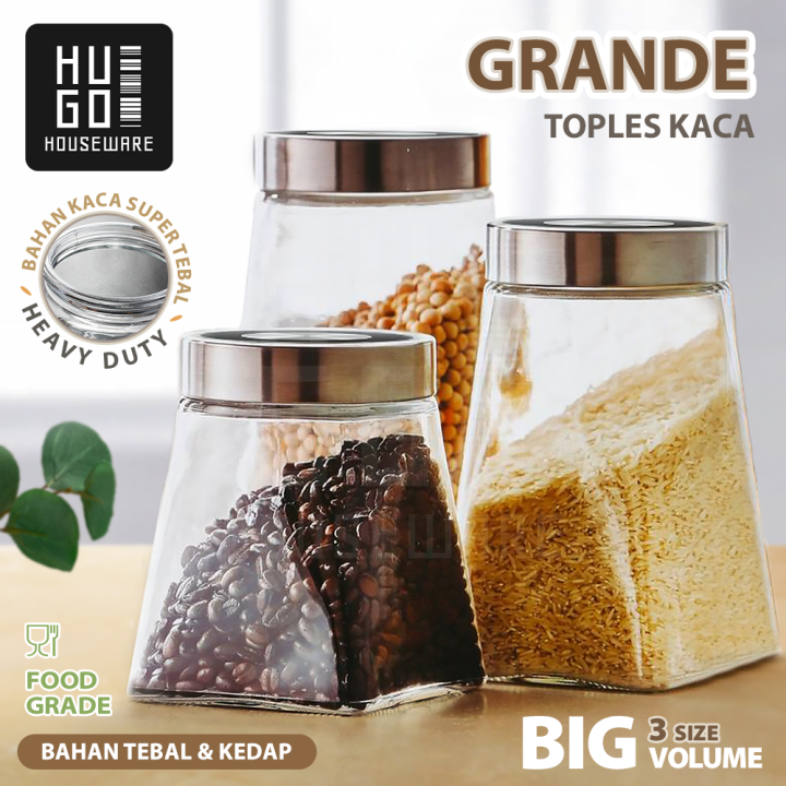 HUGO Toples Kaca Tempat Penyimpanan Kue Makanan Kacang Kedap Udara