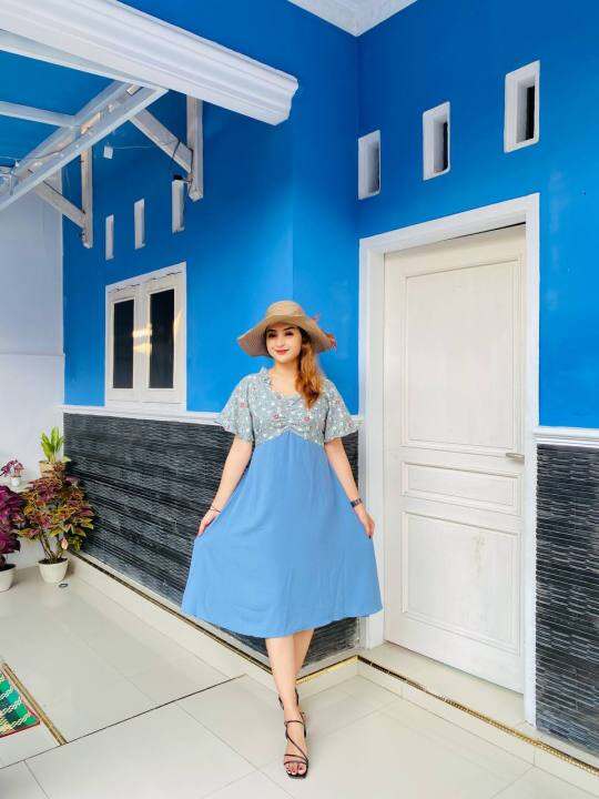 Daster Dress Crinkle Airflow Model Kombinasi Bunga Lengan Pendek Korean