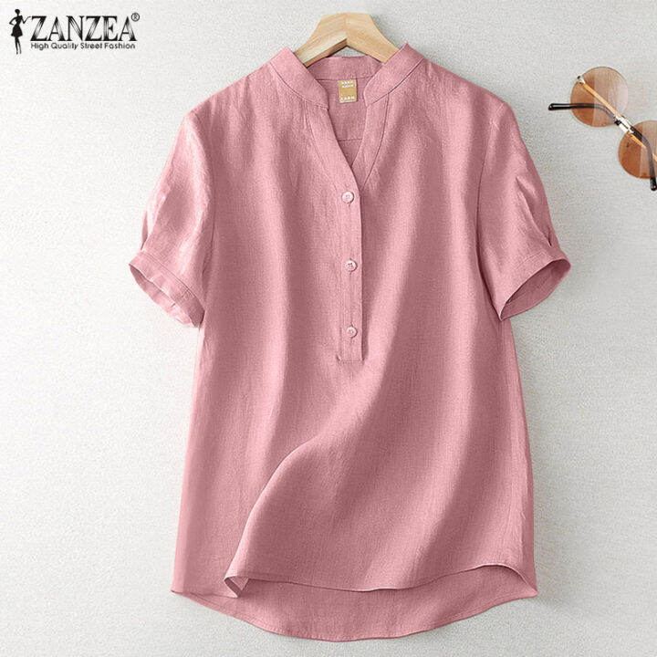 ZANZEA Women Summer Casual Loose Shirt Collarless V Neck Button Up