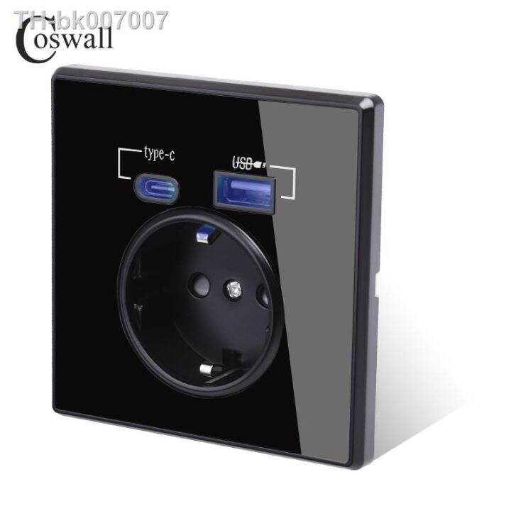 Coswall Type C Interface Outlet Full Mirror Crystal Panel Black Wall