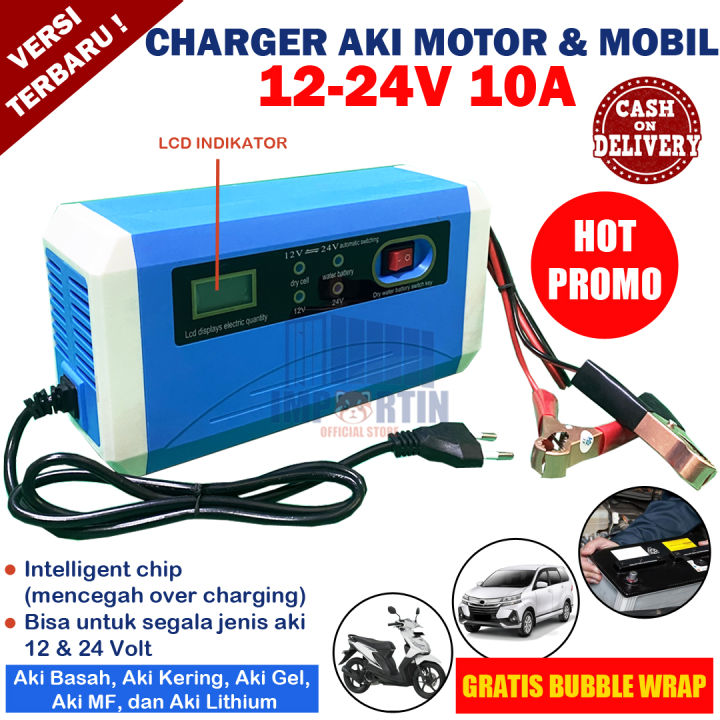 BISA COD Charger Aki Portable 12V 24V 10A Mobil Dan Motor LCD