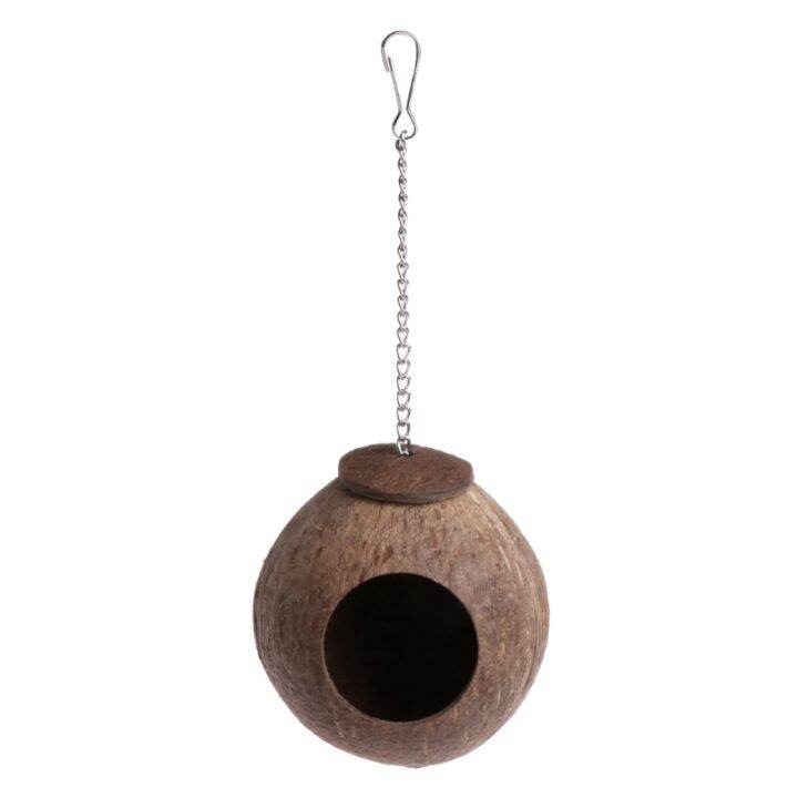 Natural Coconut Shell Bird Nest House Hut Cage Feeder Toy With Hanging