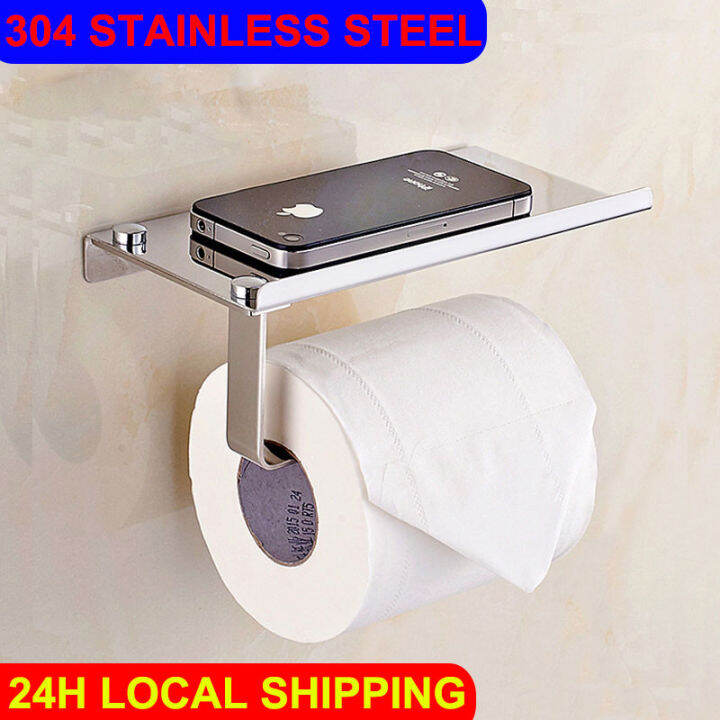 Toilet Paper Holder With Phone Shelf Stainless Steel Wall Mounted