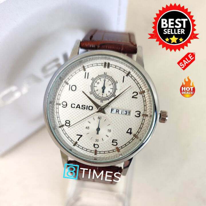 Casi Quartz Chronograph Brown White Dial Leather Strap Day Date