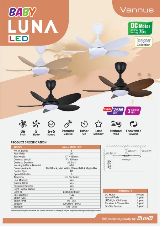 ALPHA VANNUS BABY LUNA 5B 36 INCH LED CEILING FAN Lazada