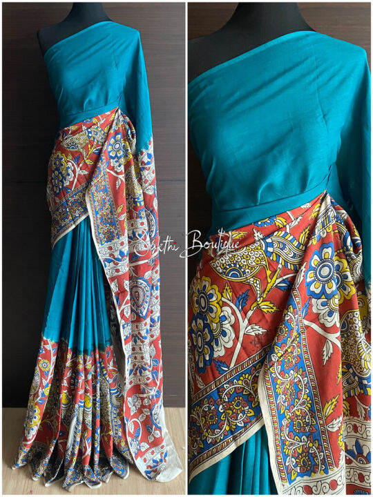 Kalamkari Crepe Silk Saree With Hand Block Printing Technique Using