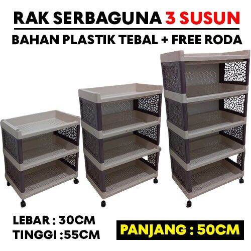 Rak Plastik 3 Susun Serbaguna Rak Apartemen Plus Roda Panjang 50cm