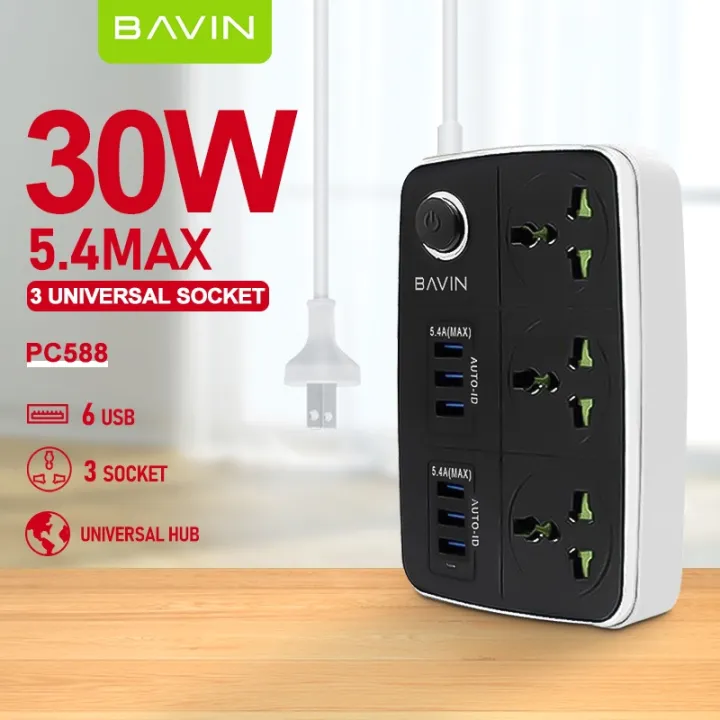 BAVIN 5 4A 6 Universal USB Port Charger PC588 HUB W 3 Power Socket USB