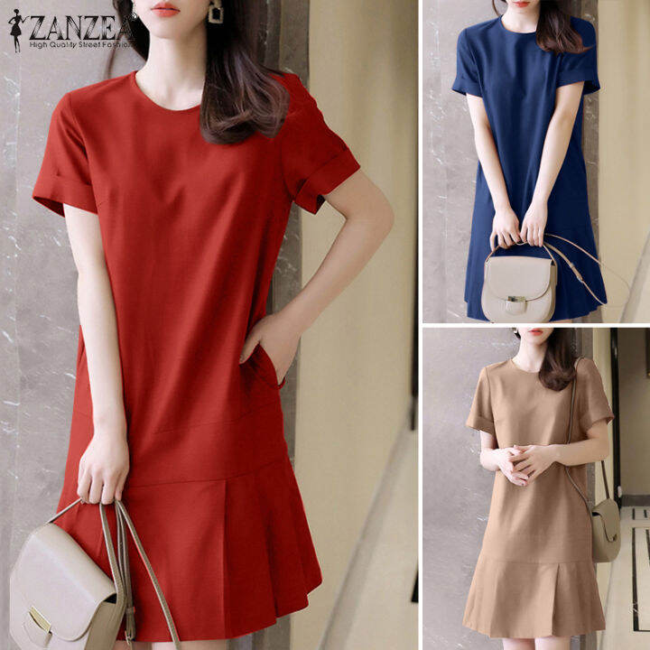 Esolo ZANZEA Korean Style Women Short Sleeve Pleated Ruffle Swing Party