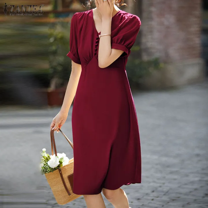 ZANZEA Korean Style Women Puff Sleeve V Neck Plain Pleated A Line Loose