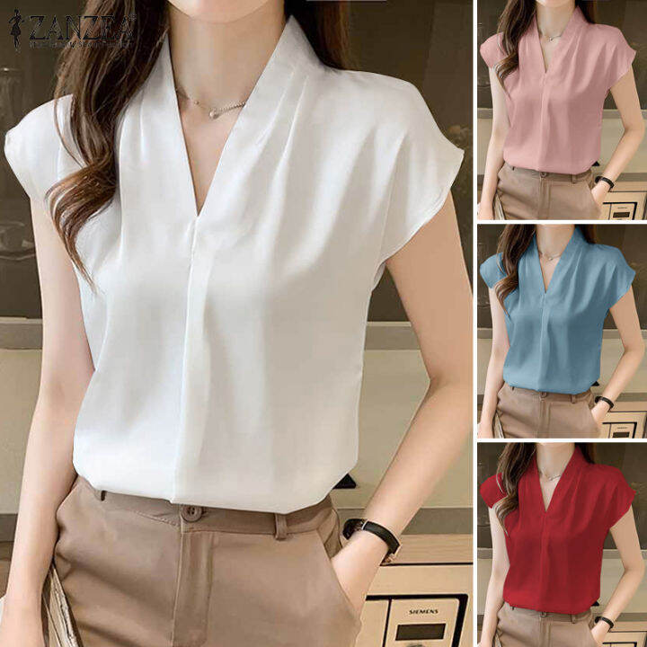 Esolo ZANZEA Korean Style Women Elegant Formal Work T Shirts Short