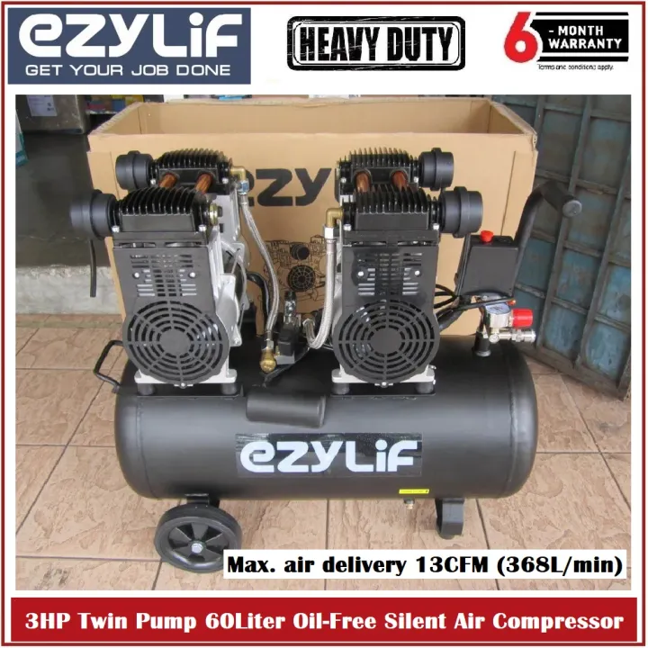 EzyLif 3HP 1 5HPx2 Twin Pump 60Liter Oil Free Silent Air Compressor