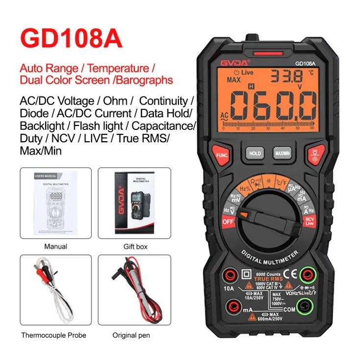 Gvda Digital Multimeter Auto Range Dmm Voltmeter True Rms Ac Dc Ncv Ohm