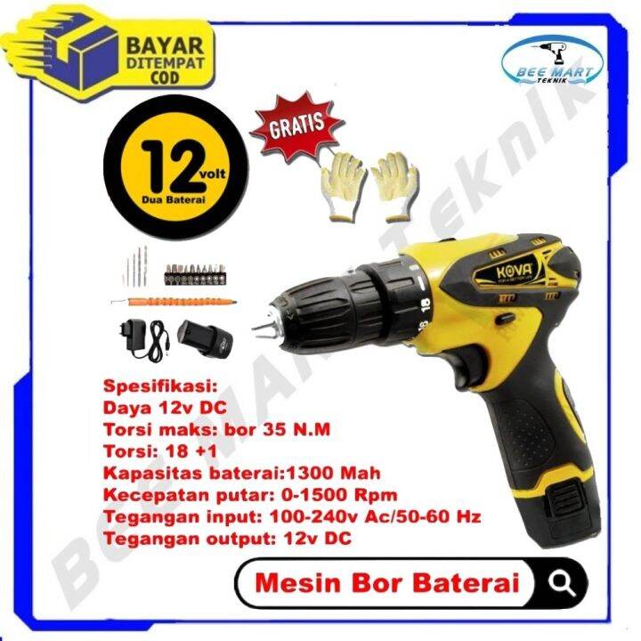 Bor Baterai Kova Cordless Volt Bor Tangan Baterai Set Box Lengkap