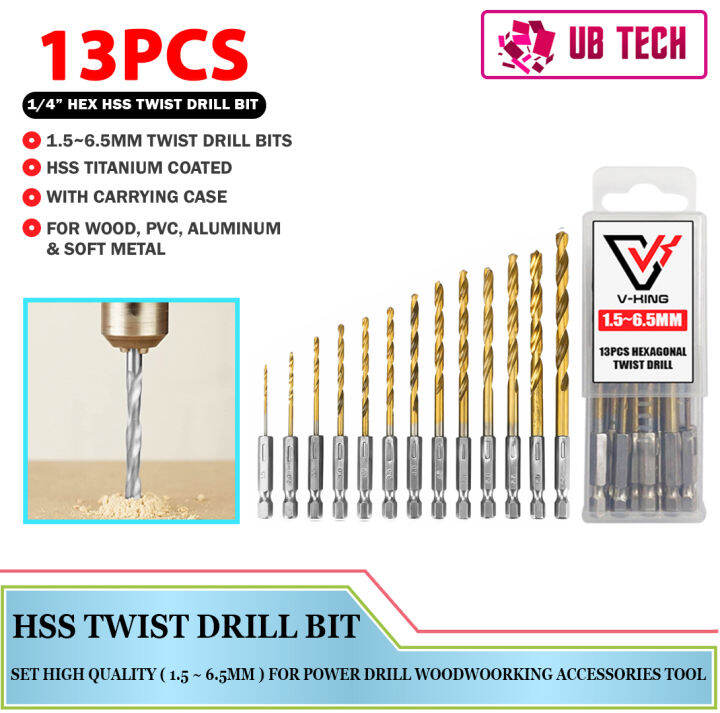 13Pcs 1 4 Hex Shank HSS Titanium Coated Twist Drill Bit Set 1 5 6