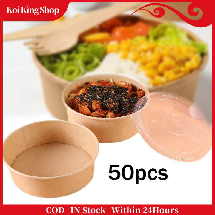 50Pcs Kraft Salad Bowls With Plastic Lid Biodegradable Disposable Paper