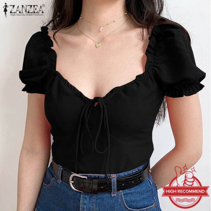 ZANZEA Korean Style Women Square Neck Top Solid Elastic Shoulder Short