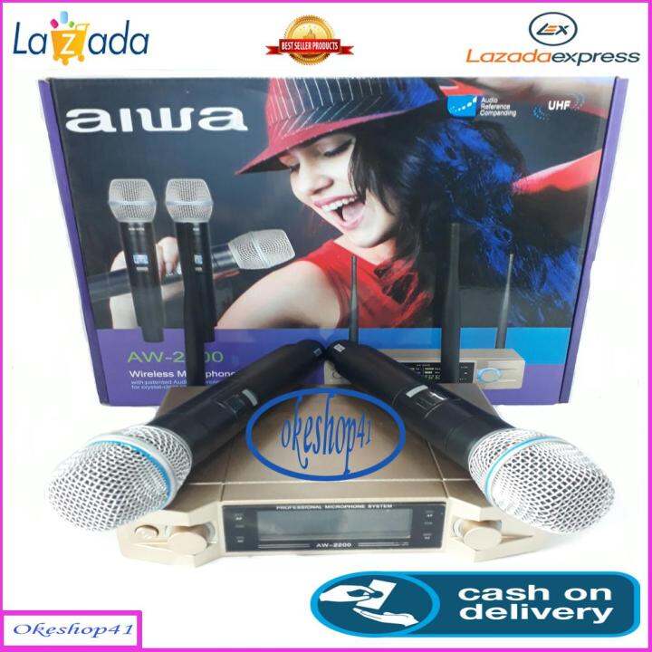 Aiwa Microphone Mic AW 2200 Microphone Double Wireless Hitam