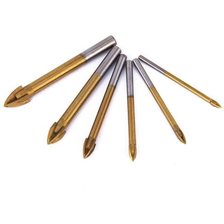 6Pcs Titanium Coated Glass Drill Bits Set 4 Cutting Edges Cross Spear