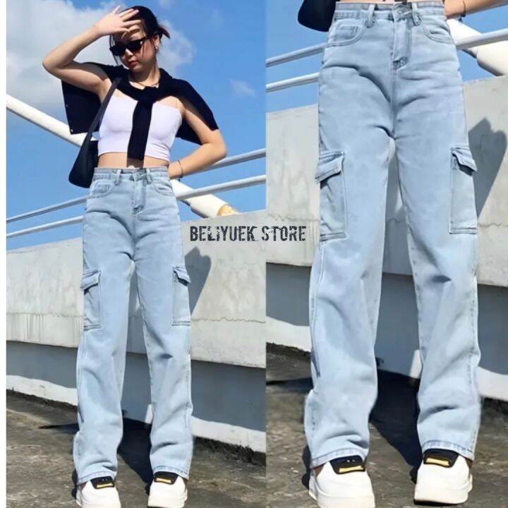 Celana Jeans Cargo Wanita High Waist Celana Panjang Retro Fashion Korea