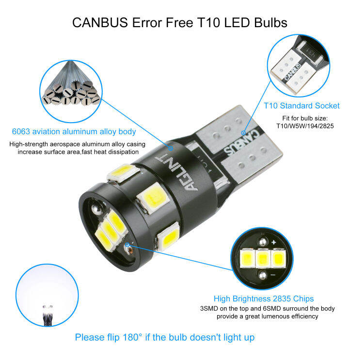 AGLINT 10PCS 168 Led Bulb Canbus Error Free 194 T10 W5W 2825 For Car