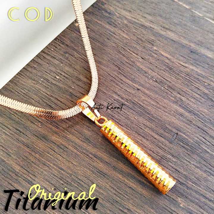 Kalung Titanium Gepeng Terbaru Plus Liontin Bambu Emas Terbaru Dan