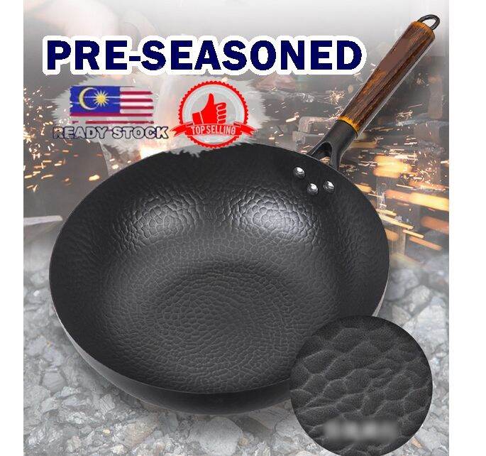 Pre Seasoned Cast Iron Wok Carbon Steel Honeycomb Stirfry Wok Pan Anti