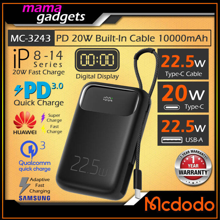 1 Yr Warranty Mcdodo 20W PD QC Built In Charging Cable 10000mAh