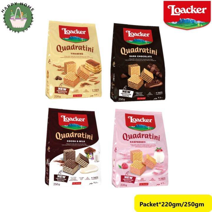 Loacker Quadratini Wafer Raspberry Yogurt Dark Chocolate Cocoa Milk