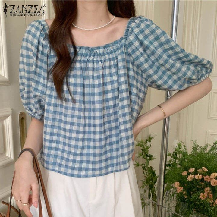 ZANZEA Korean Style Womens Check Plaid Short Sleeve Blouse Casual