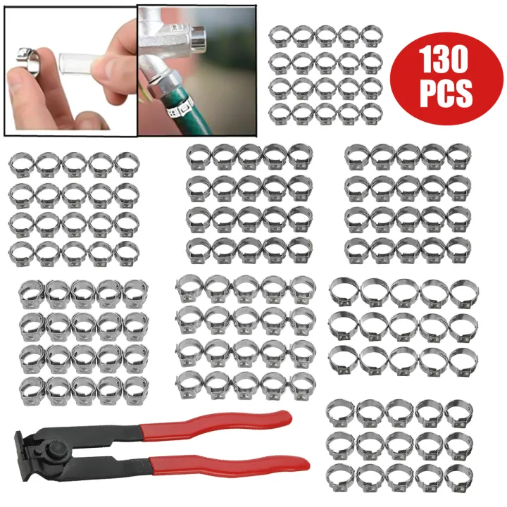 130Pcs Single Ear Stepless Hose Clamps Crimper Crimping Tool Kit