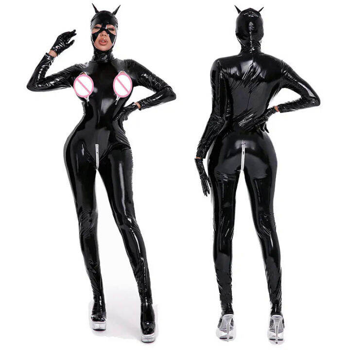 Sexy Wetlook Latex Catsuit With Ing Pvc Faux Leather Jumpsuit Lady Pu