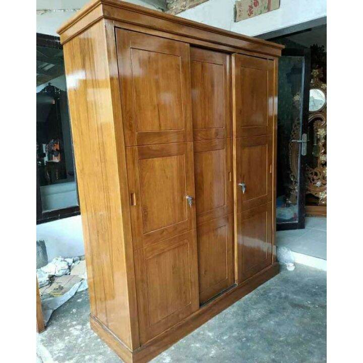 Lemari Pakaian Minimalis Pintu Sliding Bahan Kayu Jati Ukuran X