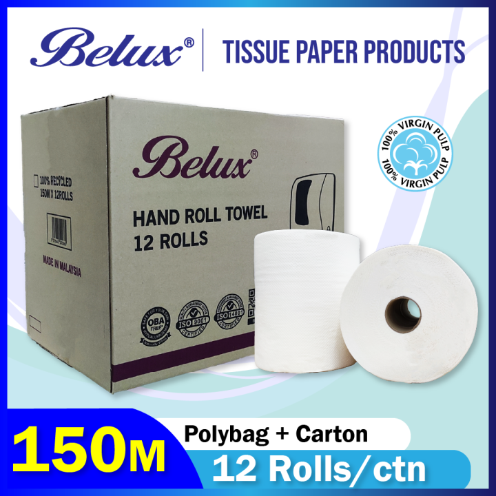 Belux Paper Hand Roll Towel 150m X 12 Rolls 100 White Pulp 1 Ply