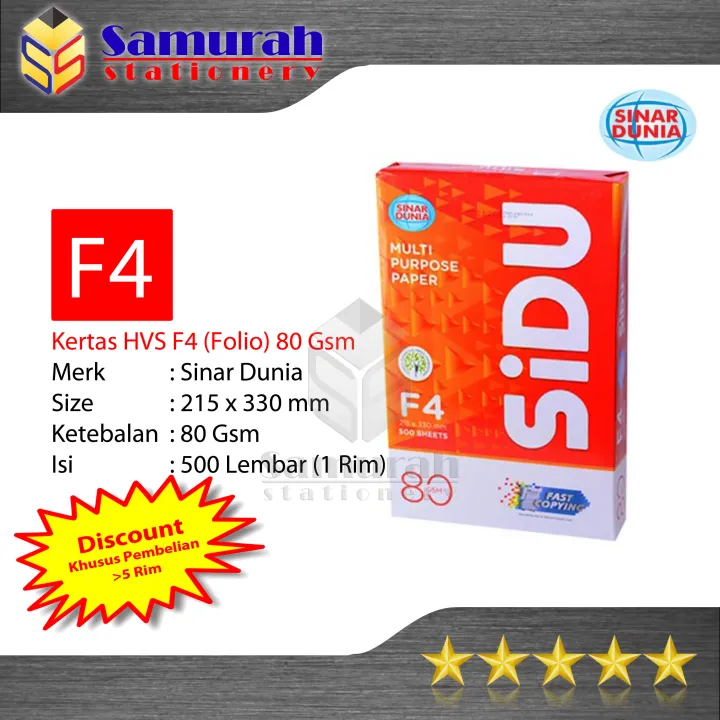 Kertas HVS Sinar Dunia Folio F4 80 Gsm HVS Sidu F4 80 Gram Kertas