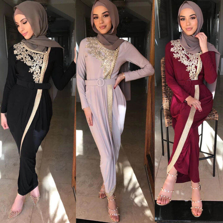 Muslimah Womens Muslim Abaya Dress Long Sleeve Kaftan Maxi Dress Middle