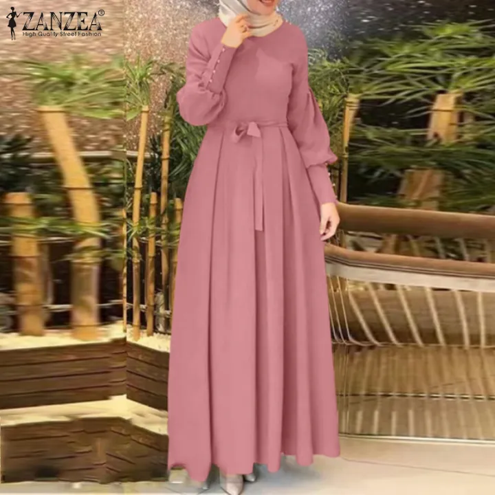 HijabFab ZANZEA Muslimah Womens Muslim Puff Long Sleeve Maxi Dress A