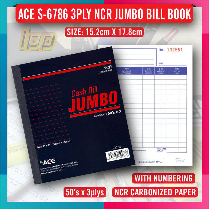 Uni Ace Jumbo Cash Bill Book NCR 3Ply 15 2cm X 17 8cm Buku Bil Tunai