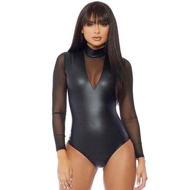 Black Faux Leather Long Sleeve Open Vinyl Catsuit Sexy Sheer Mesh