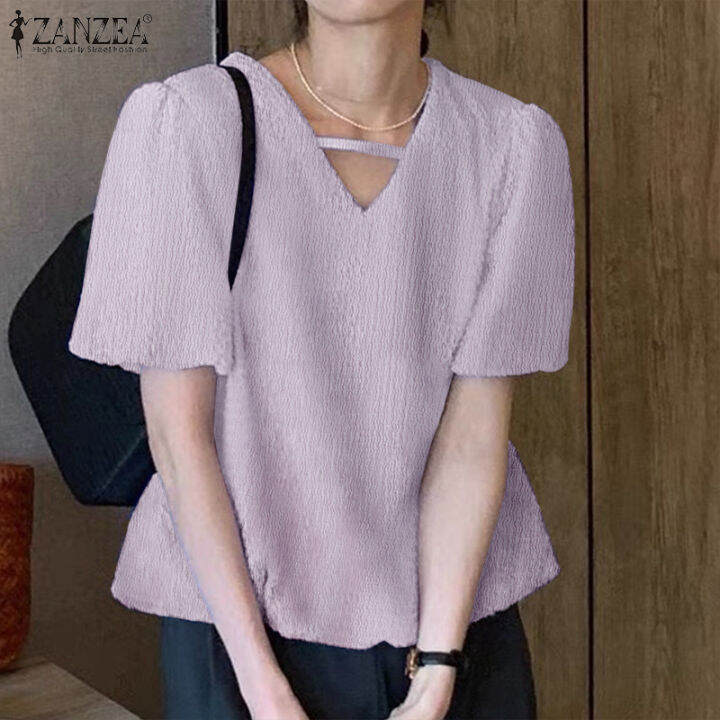 ZANZEA Korean Style Women Versatile Loose V Neck Puff Sleeve Crinkled