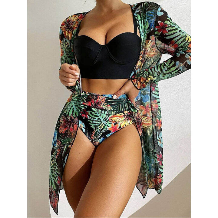 Bikini Set Tunics For Beach Cover Up Swimsuit Women Three Piece