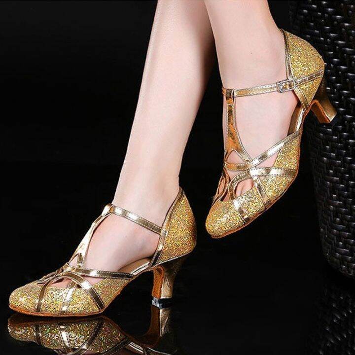 Women S T Strap Glitter Tango Ballroom Latin Dance Shoes Wedding Heels