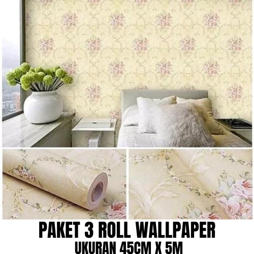 Paket 3 Roll Wallpaper Dinding Motif Shabby Cream Kamar Aesthetic