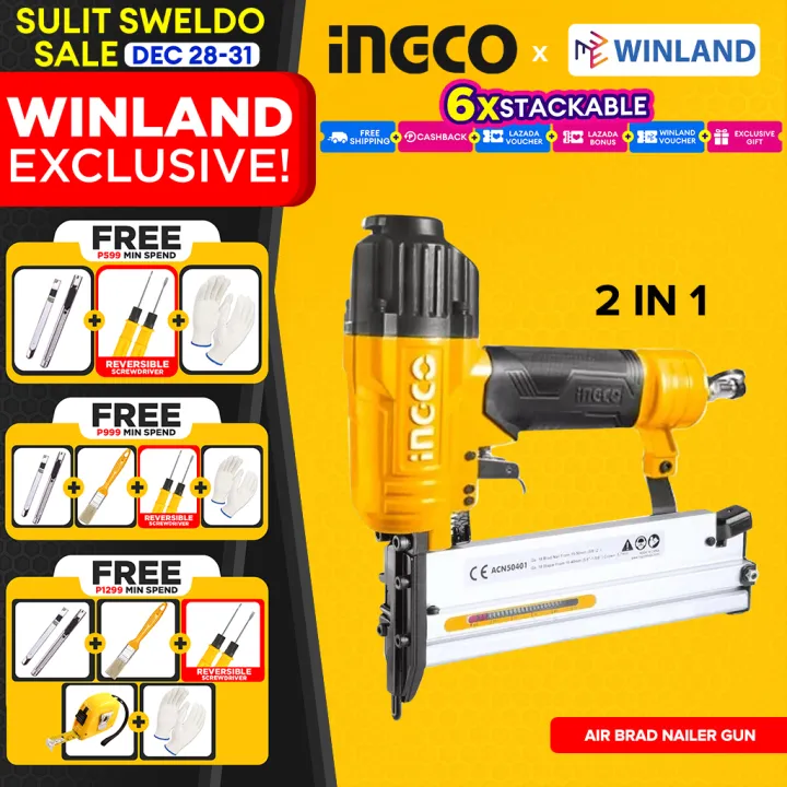 INGCO By Winland 2 In 1 Combo Air Brad Nailer Gun With 1200pcs