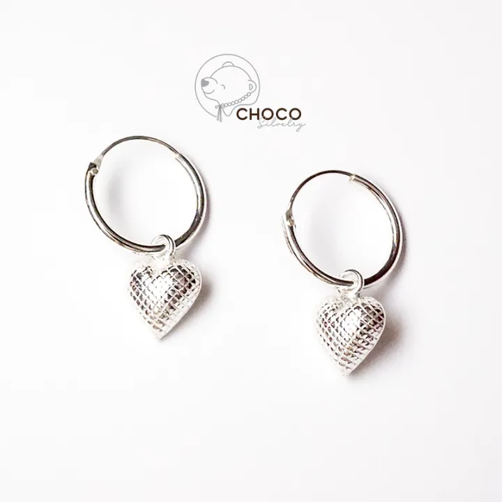 S925 ตางหหวงหวใจเงนแท Sterling Silver Heart Hoop Earrings 12 mm