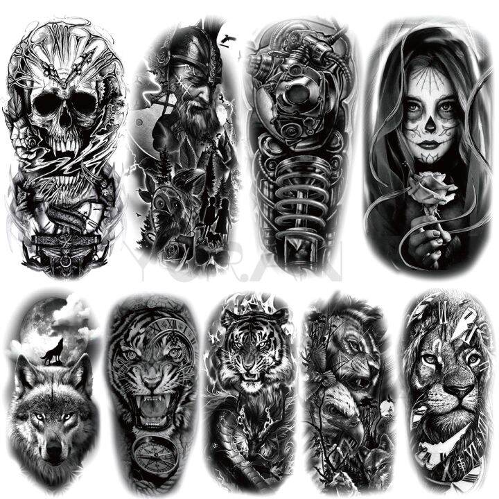 Black Skull Temporary Tattoos For Men Women Realistic War Vampire Wolf