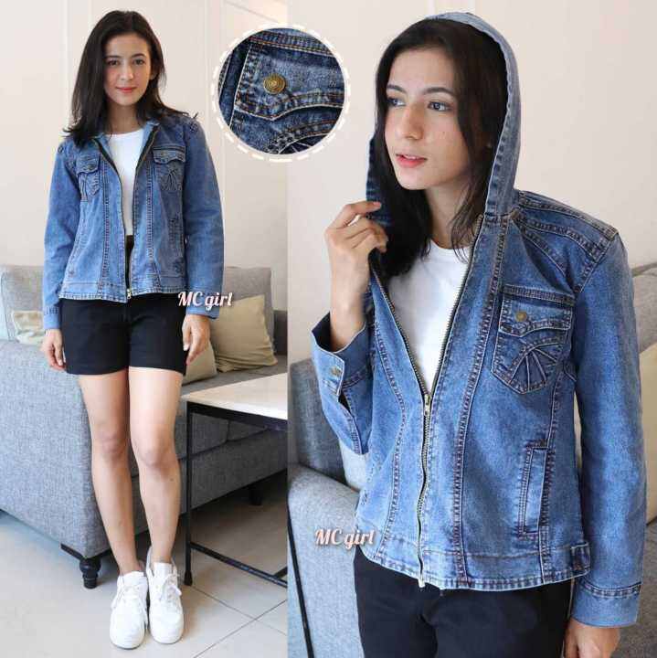 MC Girl Jaket Jeans Kerah Shang Hai Resleting Wanita Jacket Denim